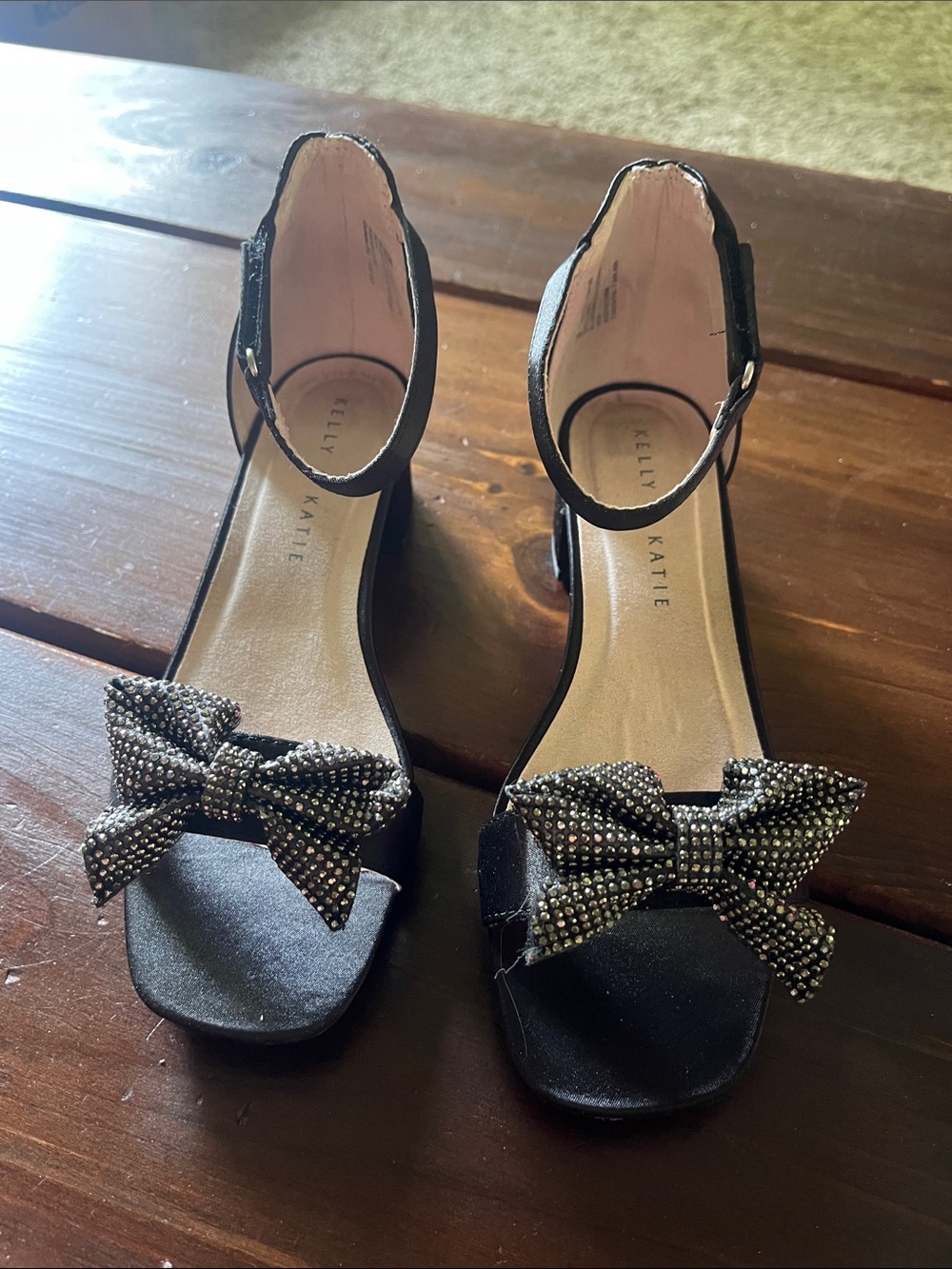 Kelly & Katie Black Ankle-Strap Heels with Rhinestone Bows